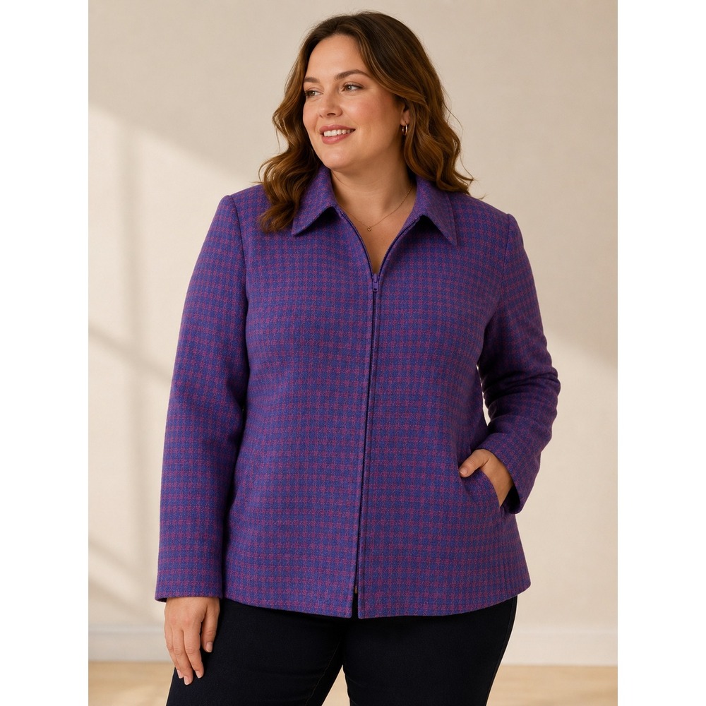 Triona Design Donegal‎ Hand Woven Tweed Wool Zip Jacket Purple Houndstooth 16